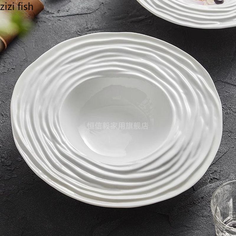 Pure White Ceramic Water Wave Pattern Deep Plate Salad Plate Dessert Plate Pasta Plates Molecular Cuisine Specialty Tableware