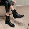 [] Legal Girls~ Square Head Washed Sheepskin Coarse Heel High Heel Elastic Short Boots Women's Skinny Boots