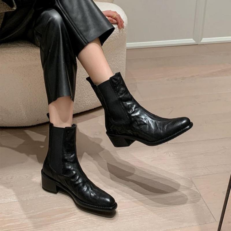 [] Legal Girls~ Square Head Washed Sheepskin Coarse Heel High Heel Elastic Short Boots Women's Skinny Boots