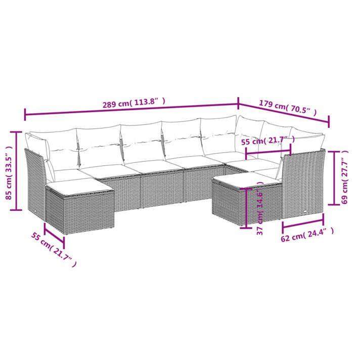 VidaXL Salon de Jardin avec Coussins 9 pcs, Canapés avec Pieds Réglables, Ensemble de Meubles d'Extérieur Patio Terrasse, 3250412