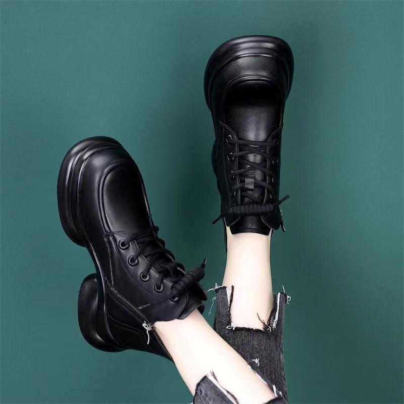 Weiche Leder Schnürstiefel mit dicker Sohle und Absatz, Herbst neu, Retro, runde Spitze, schlank, vielseitig, Damenstiefel