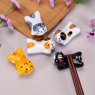 5pcs Lucky Cat Ceramic Chopstick Holder Set , Cute , Functional Kitchen Utensil Stand for Spoons, Forks , Brushes