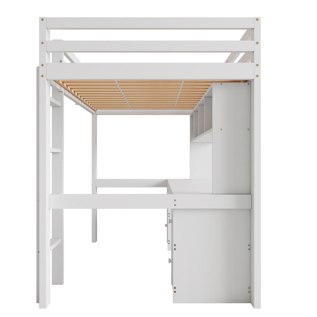Hochbett 90x200cm Kinderbett Schreibtisch Schubladen Lagerregal Einzelbettgestell Lattenrost Geländer Treppe Jugend Erwachsene Schlafsaal Weiß