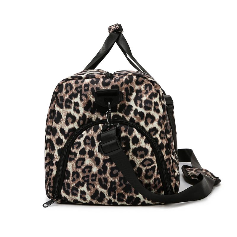 Large Capacity Leopard Print Travel Duffel Bag with Multiple Compartments, Shoe Compartment, Durable Nylon Casual Sports Gym Bag for Women
