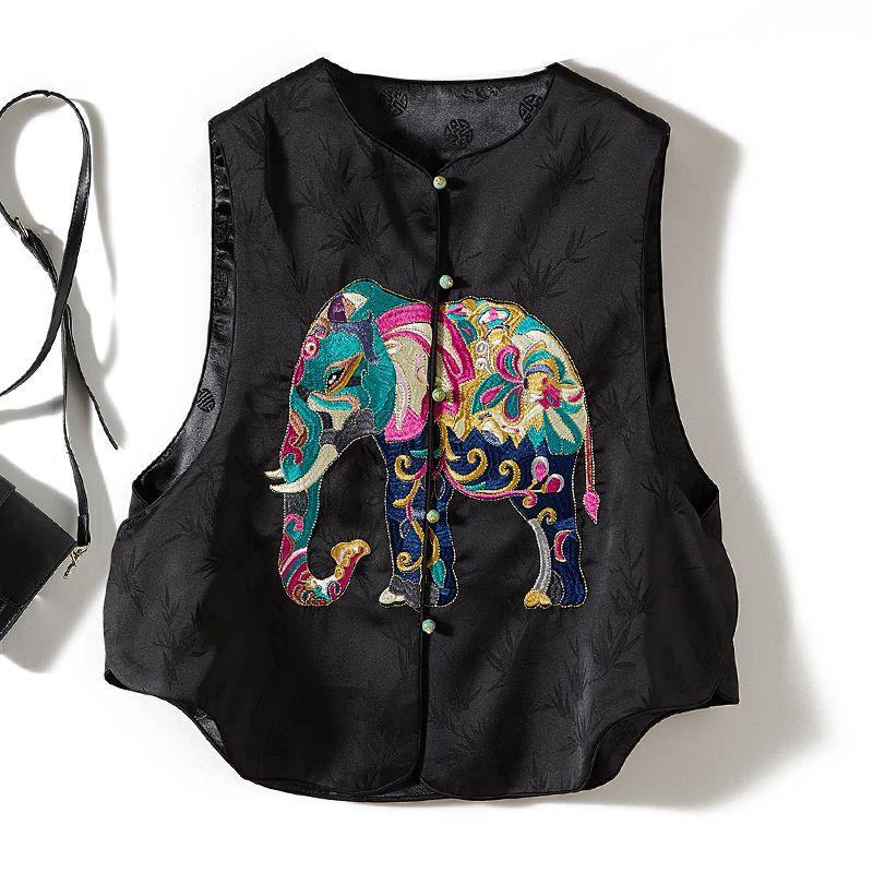 

Foreign Trade Export Order! Colorful Elephant Embroidery Women Satin Poplin Cotton Single-Breasted Oval Vest Stacked Outerwear Black L