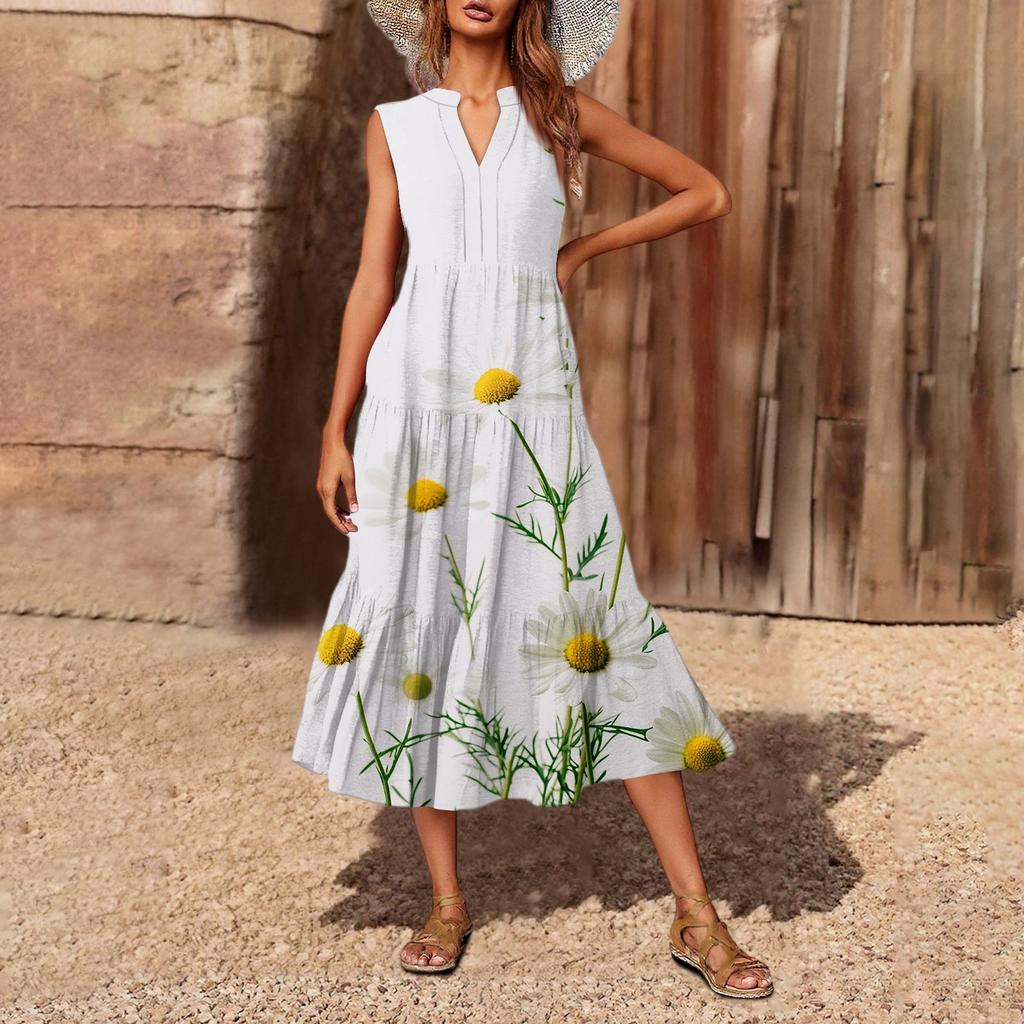 Women's Casual And Fashionable V-neck Sleeveless Printing Mid Length Dress