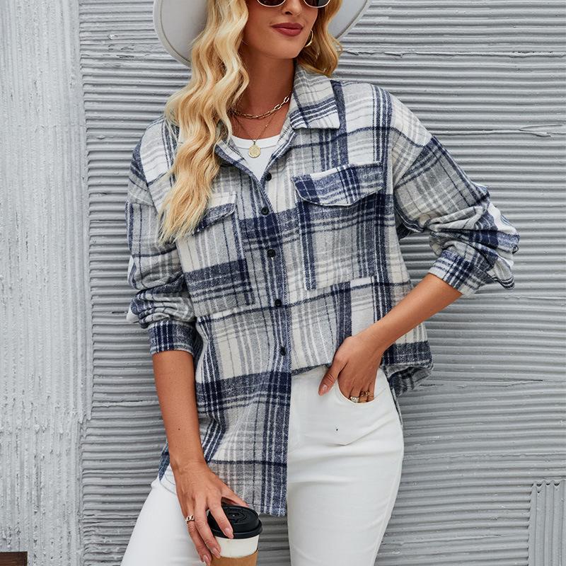 Women's European & American Plaid Woolen Shirt - Autumn/Winter Lapel Button-Up Casual Style