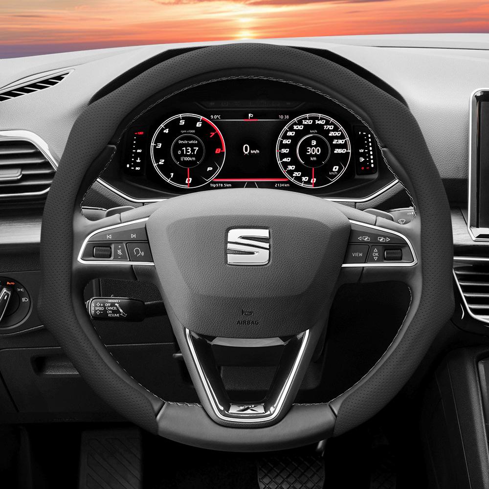 Suitable for Seat Perforated Leather Steering Wheel Cover, Non-Slip, Sweat-Absorbent, Breathable, Integrated Snap-On Protective Cover for Ibiza, Arona
