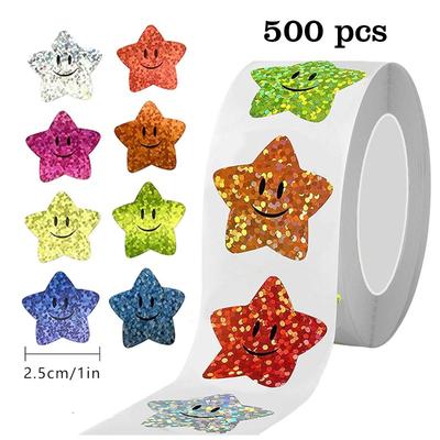 500 Stück/Rolle Laser Stern Smiley Aufkleber pro Rolle 25mm Belohnungstafel Aufkleber Niedliche Etiketten für Kinder Lehrer Belohnungsaufkleber Dekoration