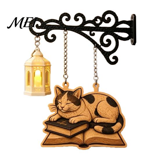 Gift for Readers And Cat Fans Vintage Bookshelf Light with Sleeping On Book Design, Retro Lantern Bookworm Office Accessory Lamp Reading, Decorative