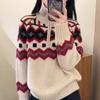 Retro Fair Isle Wool Cashmere Half-Zip Sweater - High Neck, Thickened Knit, Red Women's Christmas Top