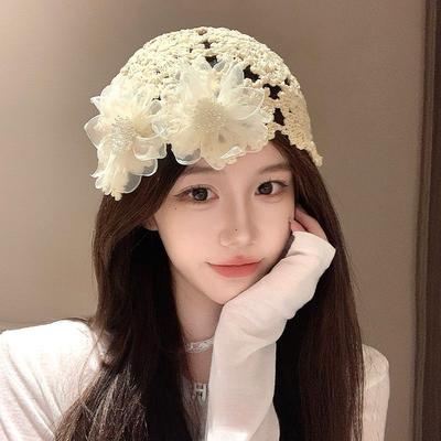 Chapeau d'été pour femme en dentelle de fleurs de perles, fait main au crochet, ajouré, polyvalent, enveloppant la tête, chapeau slouchy