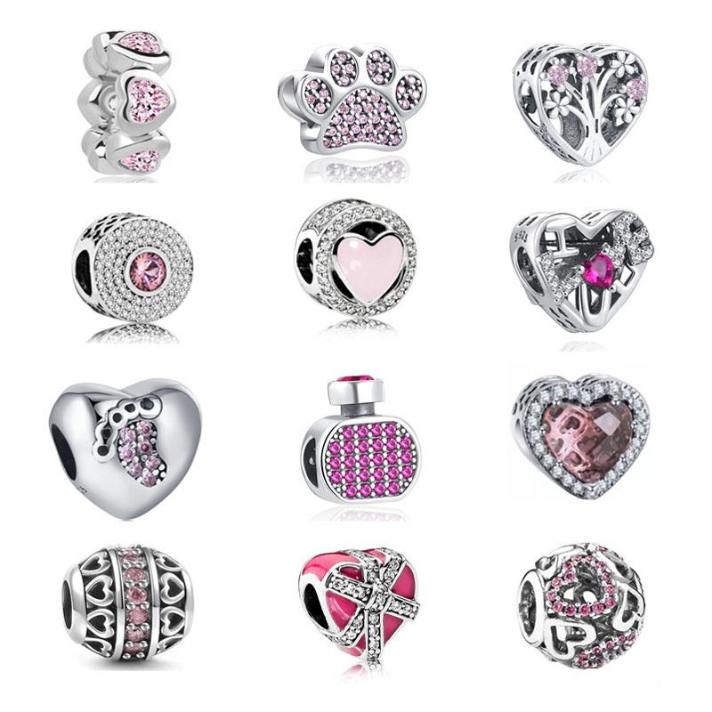 European New 925 Sterling Silver Pink Series Dog Paw Heart Enamel Fashion Beads Fit Original Bracelet For Women Jewelry Making