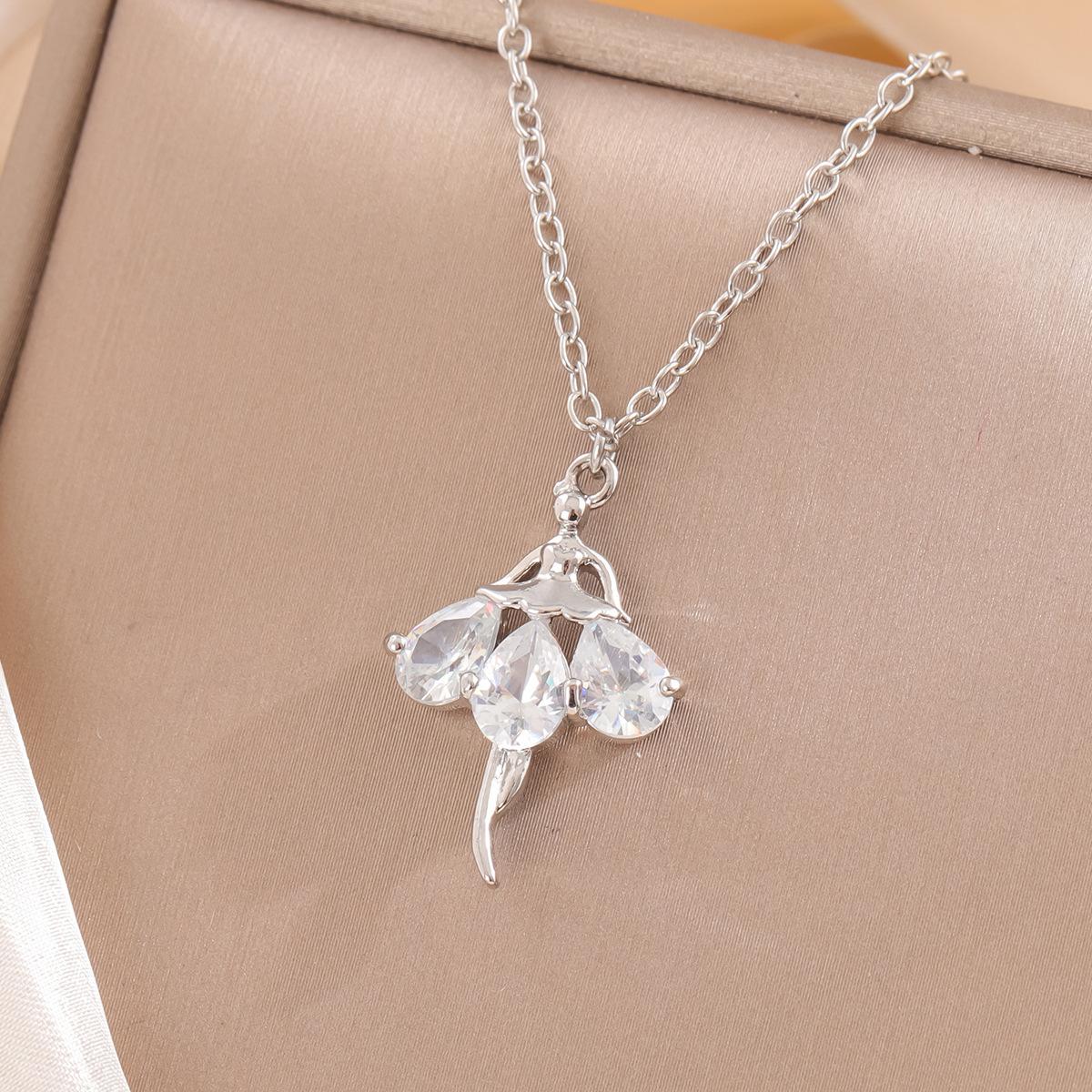 925 Silver Crystal Ballet Girl Fairy Pendant Necklace серебряный
