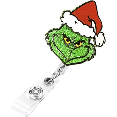 Christmas Cute Badge Reel Retractable Glitter Santa Name Tag Badge Holder For Teacher Student