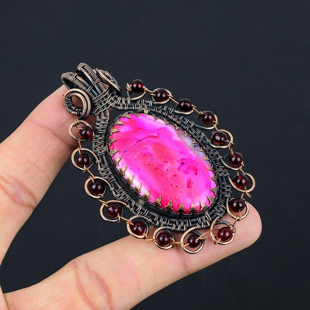 Pink Dendrite Opal Gemstone Pure Copper Wire Wrapped Handmade Pendant Jewelry