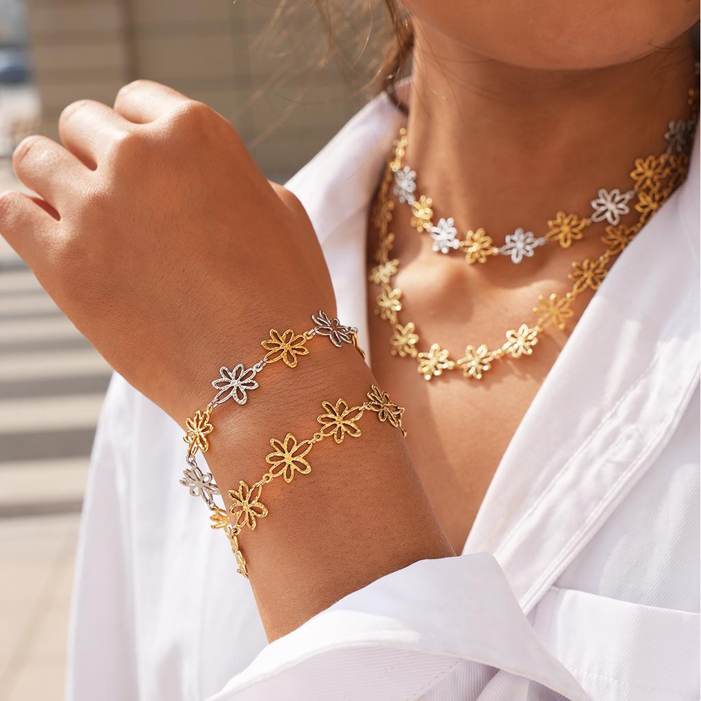 Distinctive Stainless Steel Metal Flower Chain Bracelet Waterproof High Quality Golden Summer Fashion Jewelry