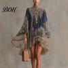 Smocked Neckline Dress Boho Floral Print High Neck Irregular Chiffon Mini for Women, Short Front Long Back Sleeve Flowy Party Cocktail Dress,