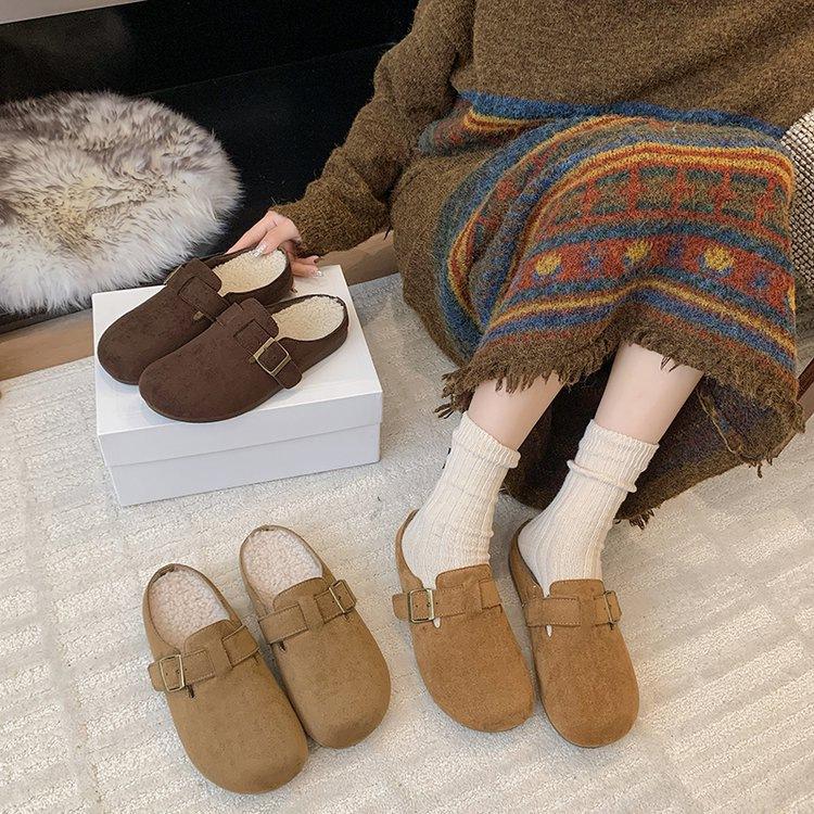 New Velvet Half Slippers Women's Autumn and Winter Retro One-pedal Women's Shoes Thick-soled Heightening Bag Head Drag