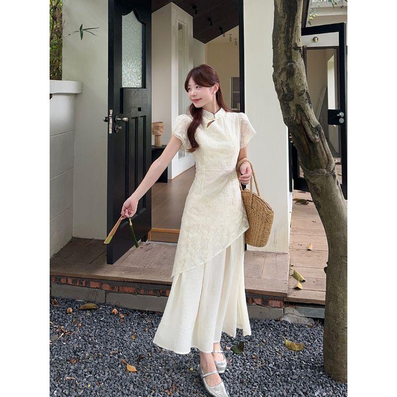 Kumikumi New Chinese Embroidery Hollow-out Short sleeve Dress Women Summer Age-Reducing Patchwork Waist Hugging A- line Skirt Long dress