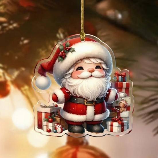 Christmas Santa Ornament 2D Acrylic Cartoon Santa Claus Xmas Tree Ornament for Holiday Tree Door Window Car Hanging Decor