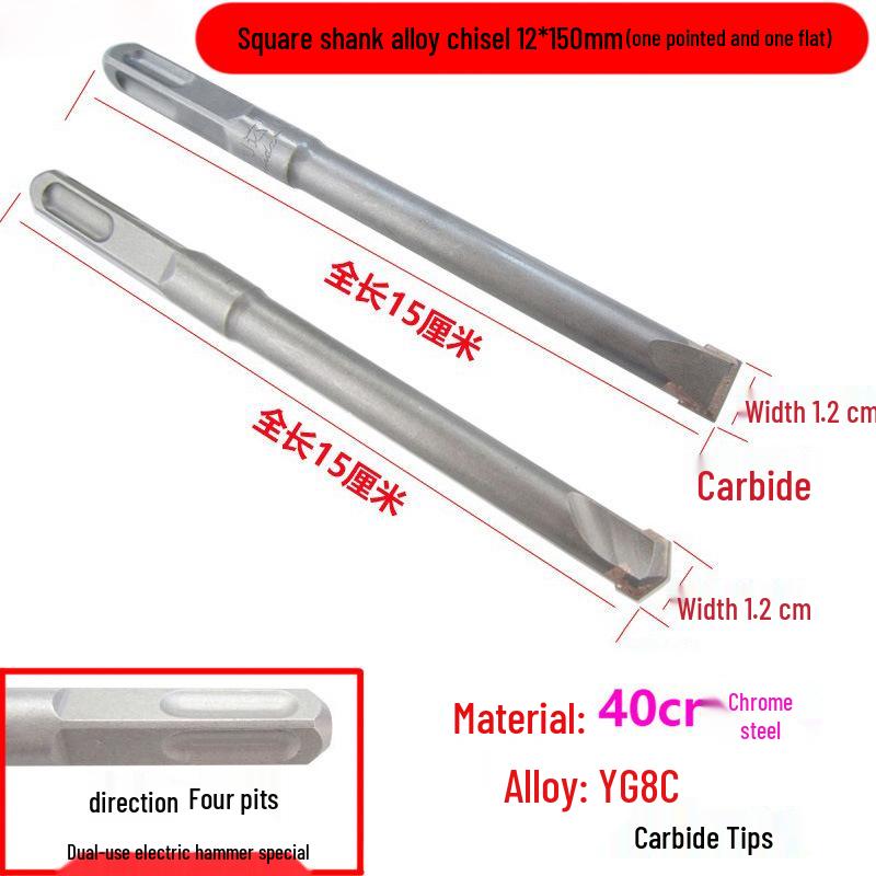 Electric Hammer Drill Set: Square/Round Shank with Pointed, Flat, U-shaped Chisels, Pick Head, Shovel, and Slotting Through-wall Drill.