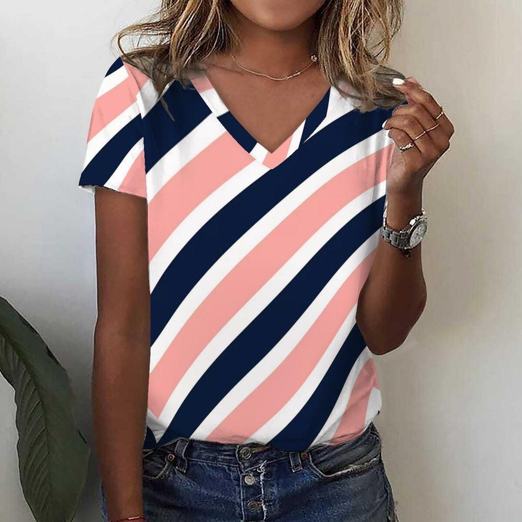 New Women's T-shirt Funny Striped Printing Top Fashion Simple Pattern T-shirt Summer Casual Women's Clothing