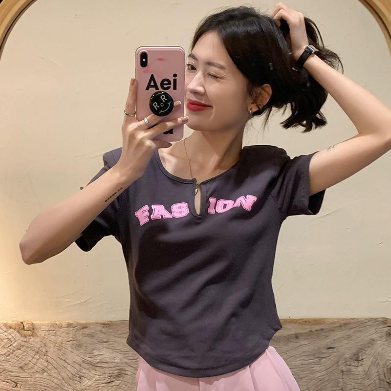 

Сладкий и пряный короткий облегающий боди с V-образным вырезом, новая летняя футболка с коротким рукавом и буквенным принтом для женщин XL серый