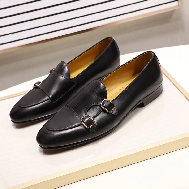 Fashion FELIX CHU Men's Genuine Leather Loafers Handmade Monk Strap Casual Dress Shoes for Wedding Party Summer Autumn Footwear