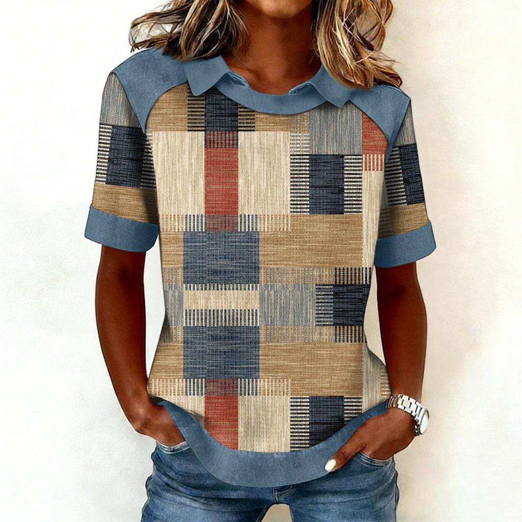 Felpa con Scollo alla Moda da Donna, Patchwork Stile Cowboy, Felpa con Cappuccio Stampata Casual, Top a Maniche Corte