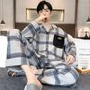 Plaid Style Men's Pajamas Set Spring Cotton Male Pajamas Sets Young Boy Sleepwear Long Sleep Tops + Pant 2pcs/set Pjs