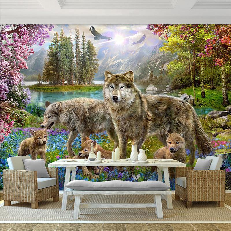 Custom 3D Wall Mural Wallpaper Forest Red Peach Blossom Gray Wolf Animal Children Fresco Kid's Room Decor Papier Peint Enfant