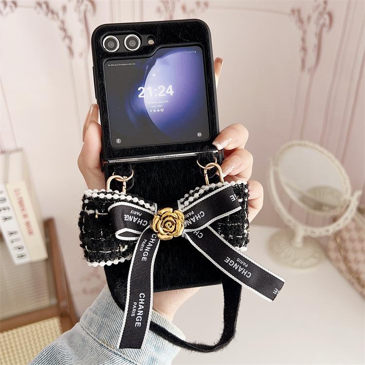 Applicable Samsung ZFlip7 mink plush phone case zflip6 bow camellia lanyard portable protective case