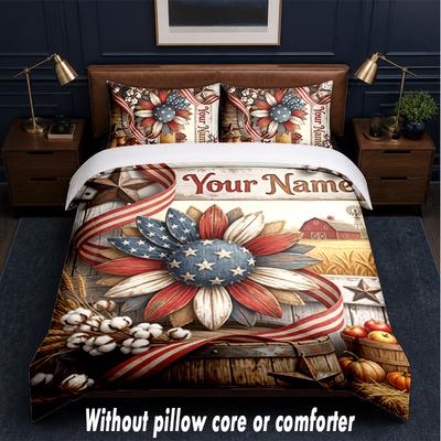 Set de așternut cu tematică patriotică americană, text sau nume personalizat, 3 piese, 1 cearșaf de deasupra și 2 fețe de pernă, așternut personalizat pentru casă