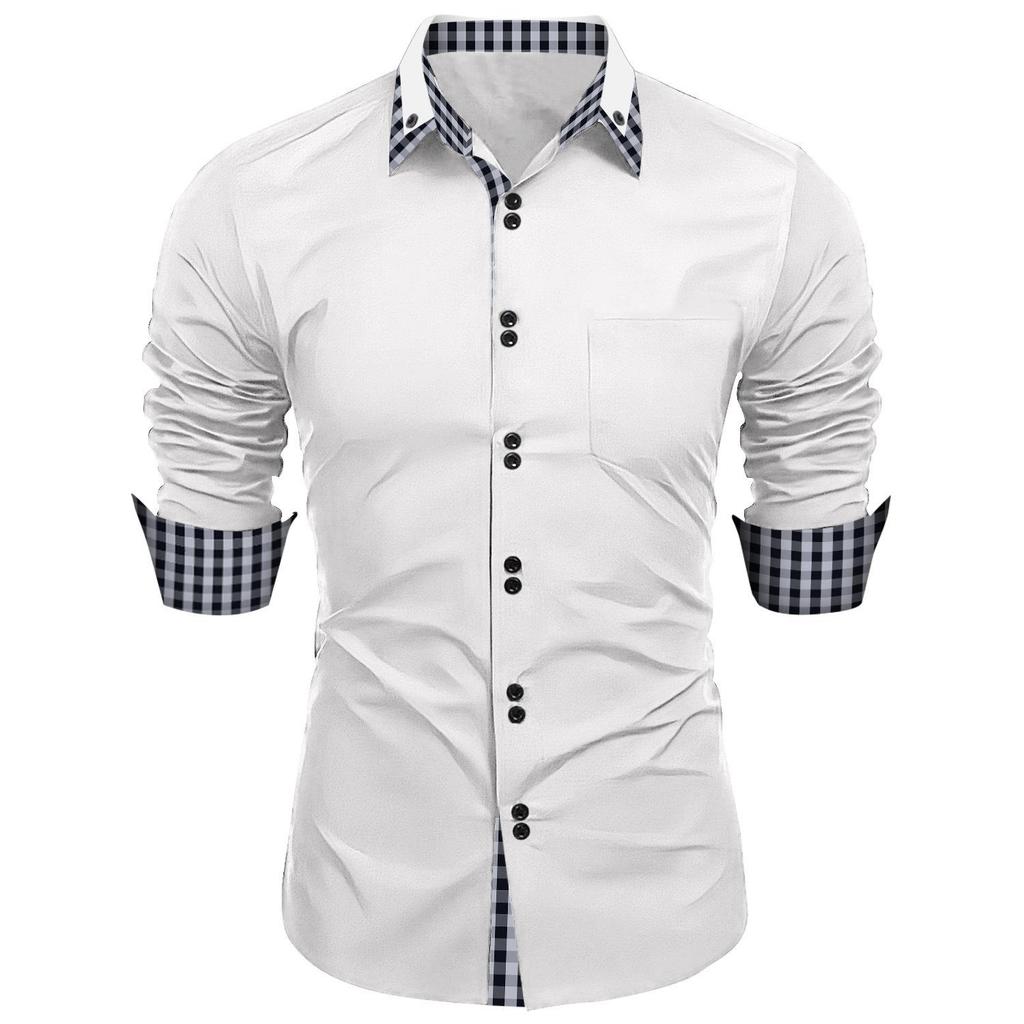 Men's Fashion Plaid  Long Sleeve Shirt Man Lapel Top  Patchwork Business Slim Fit Casual Shirts