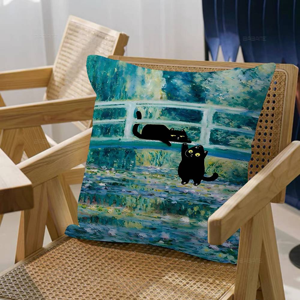 Svart Katt Van Gogh Kuddfodral Tecknad Gåva Kuddfodral Sovrum Hem Soffa Stol Säte Dekor Kuddfodral