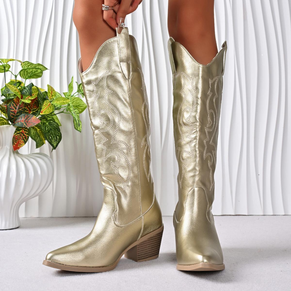 

Vintage Embroidery Gold Western Boots Women Autumn Pointed Toe High Heels Cowboy Boots Woman Pu Leather Knee High Botas 42