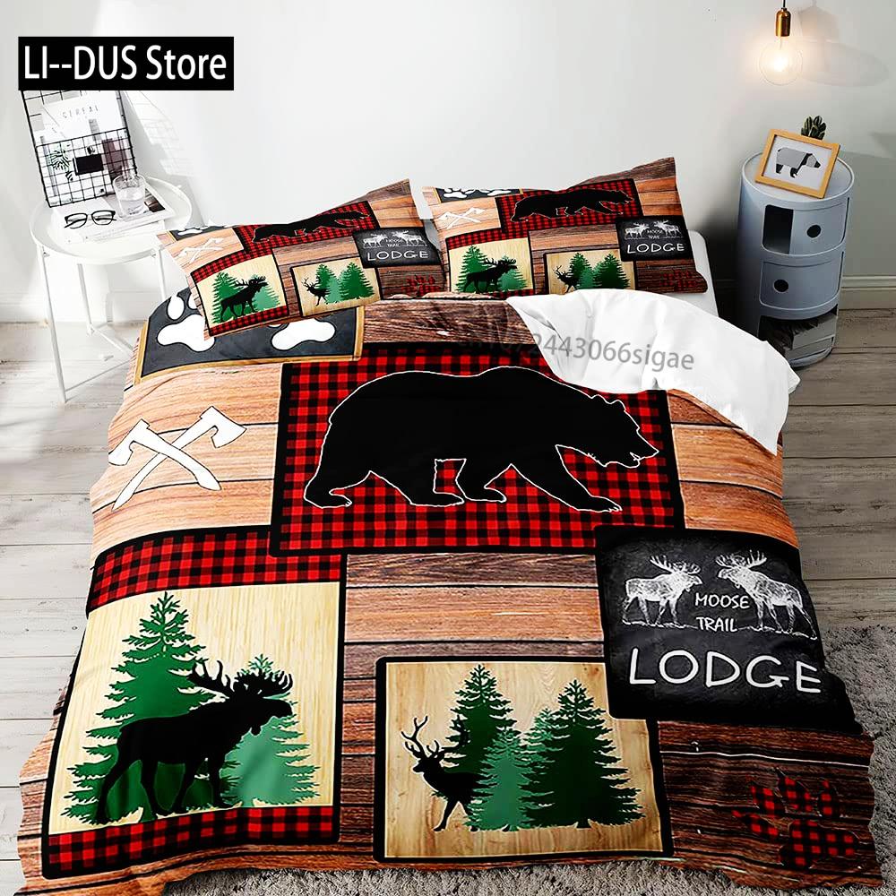 Farmhouse Bedding Sets Deer Elk Moose Mountain Woodland Animals Duvet Cover, Rustic Bedroom Decor, 2 Pillowcases Bedroom Decor