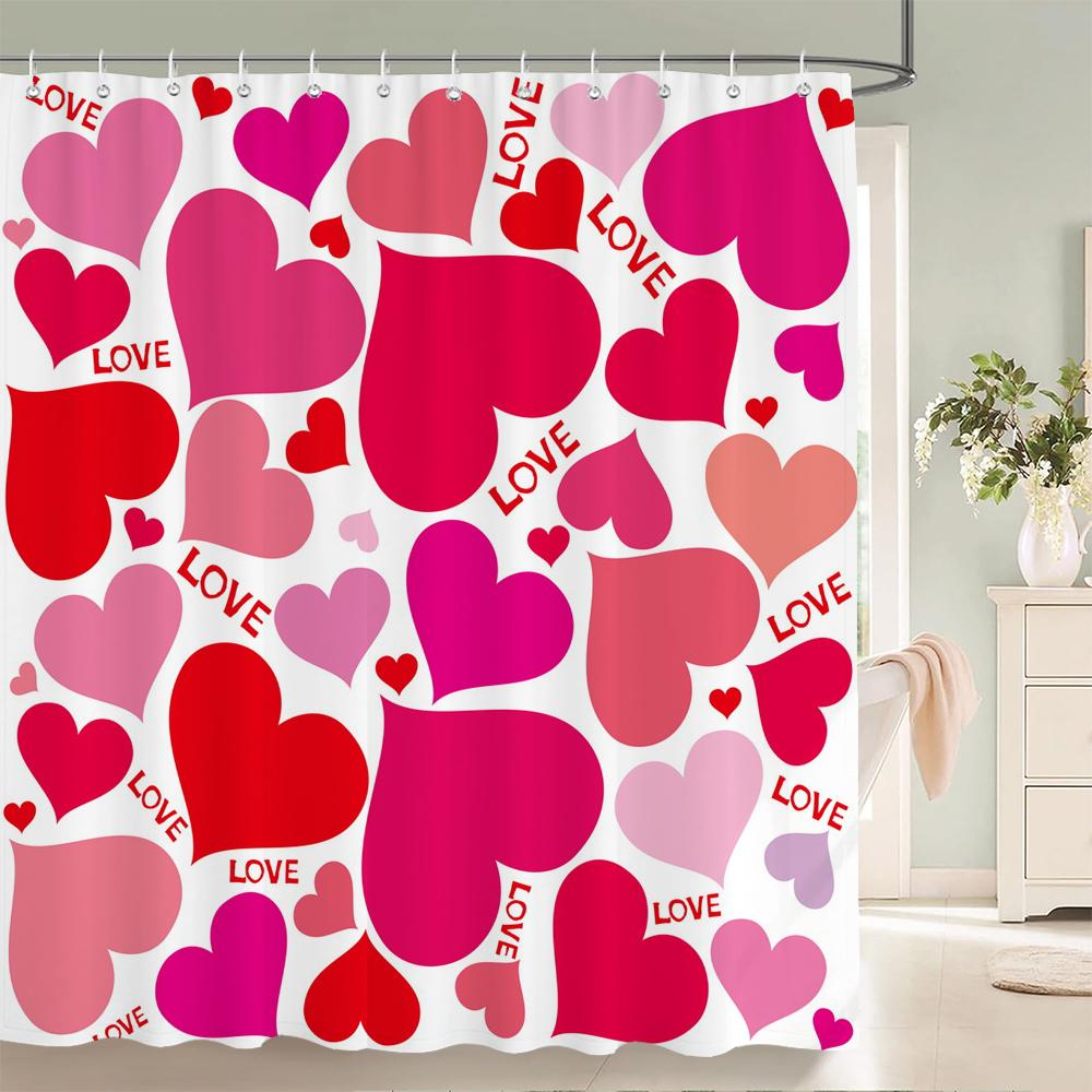 1 Pc Pink,Romantic Love Pattern Shower Curtain Printing Fabric Valentine'S Day Love Home Decoration Bathroom Curtain With Hooks