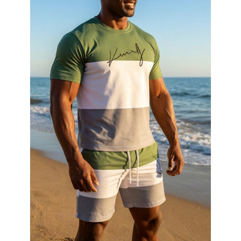 

2 pieces of men s new short-sleeved T-shirt shorts set with slight stretch, suitable for summer outdoor sports and leisure wear S