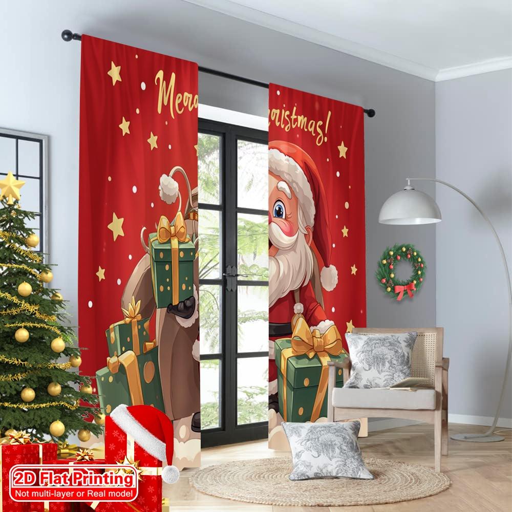 2pcs 2D Flat Printing Merry Christmas Popular Party Window Curtains Merry Christmas Santa Gifts Polyester Without Electricity