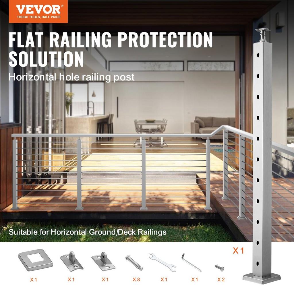 Cable Railing Post 36x2x2in Horizontal Hole Deck Railing Post Silver 1Pack