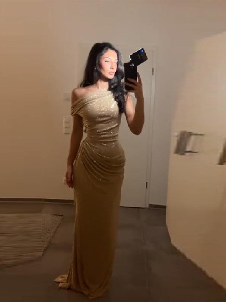 2026 European Spring/Autumn Rhinestone One-Shoulder Cut-Out Slim Fit Long Dress for Women