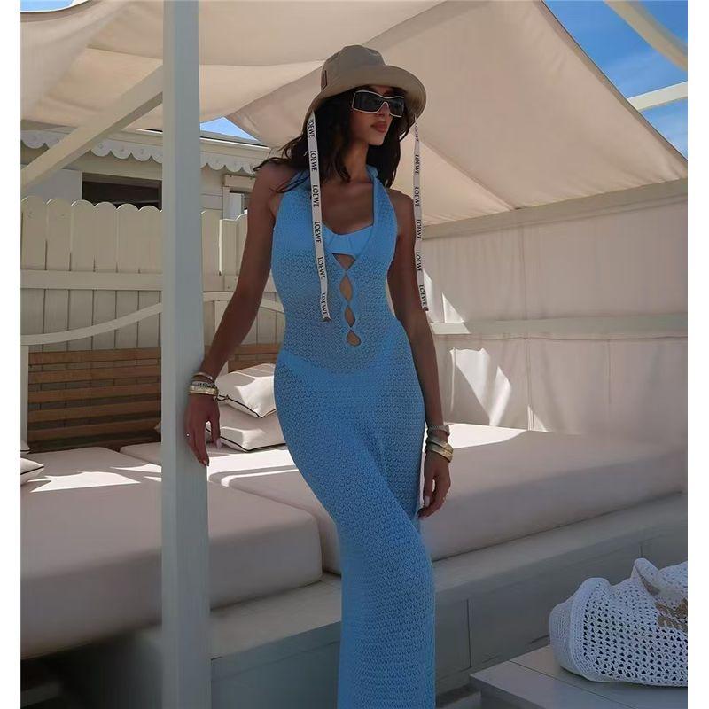 

Western Style Sexy Hollow out Backless Beach dress Split Vacation Long dress Sexy Backless Dress Blue L