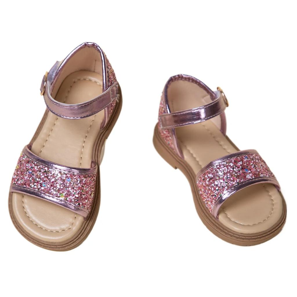 Dziecięce Księżniczki Płaskie Buty Dziewczęce Letnie Sandały z Błyszczącymi Cekinami 2024 Nowa Moda Dziecięca Wszechstronne Buty Plażowe na Wakacje