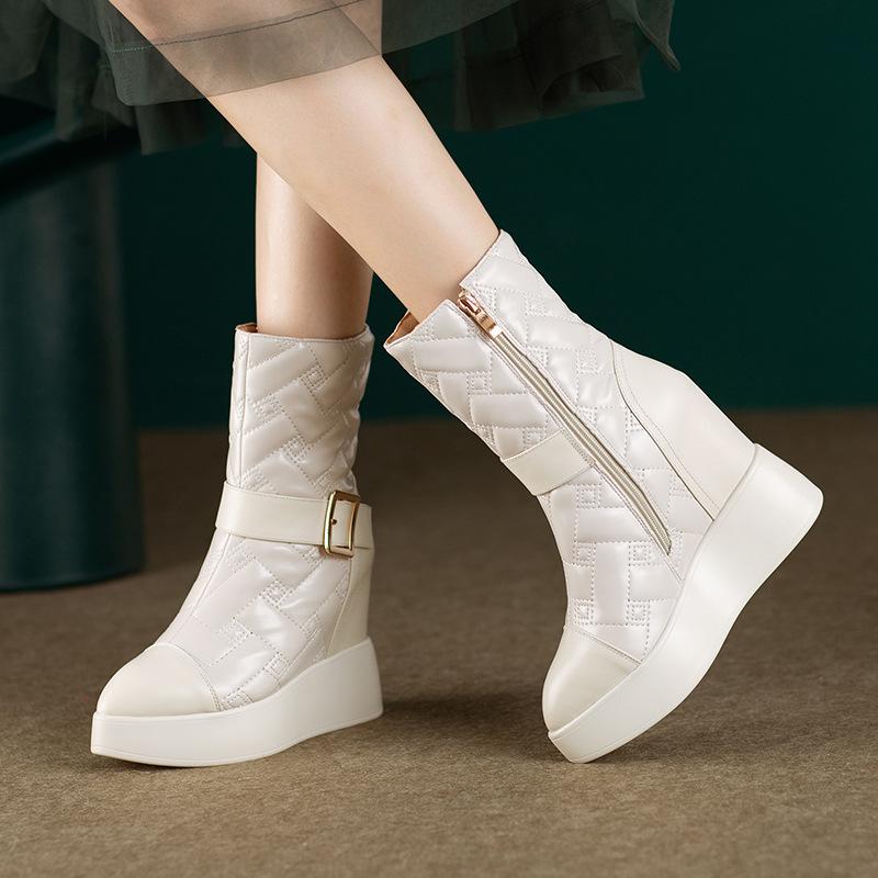 12CM ultra-high heel inner height increase and thin fashion boots autumn and winter new British pointed thick-soled belt buckle Martin boots women