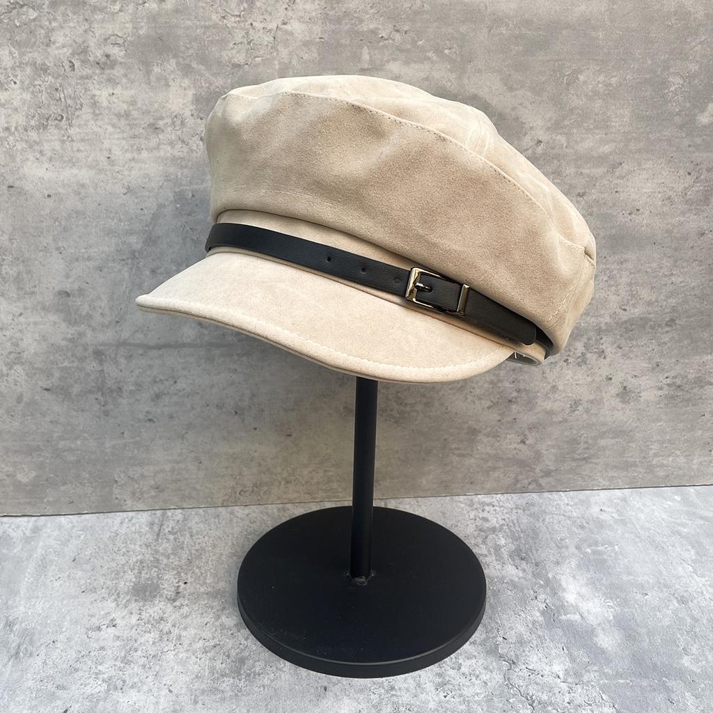 Vintage Belt Decoration Suede Newsboy Hat Painter Hat Women'S Versatile Face Ducktongue Octagonal Hat