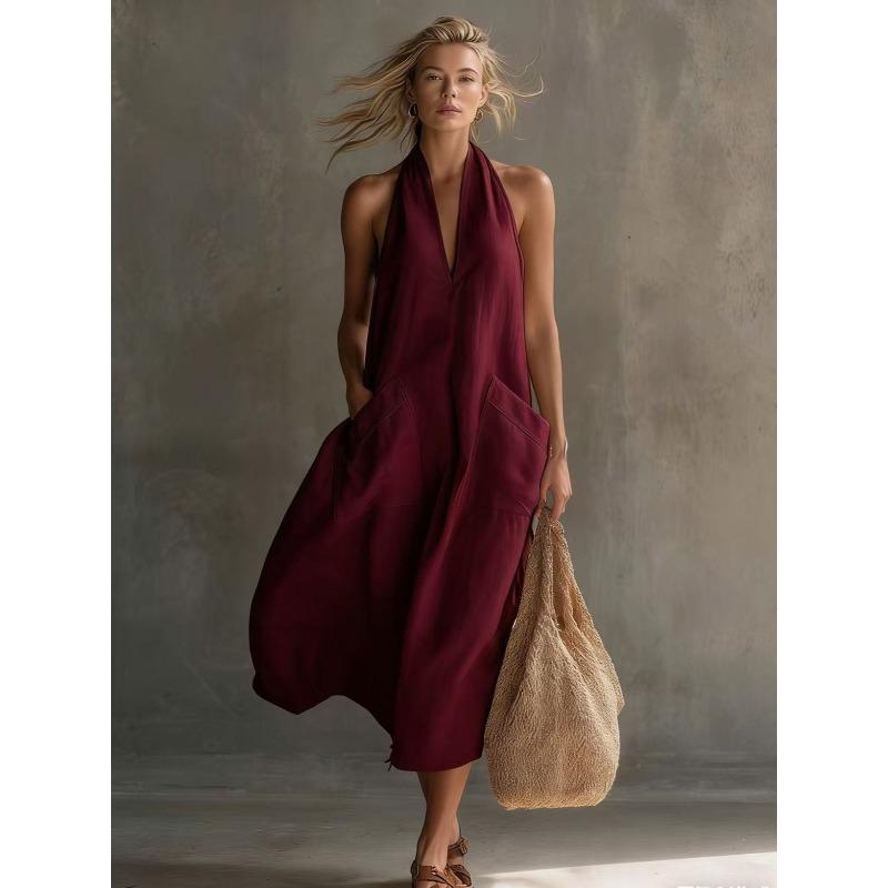 QICED Abiti casual da donna alla moda per estate e primavera, tinta unita, stampa, scollo a V, senza maniche