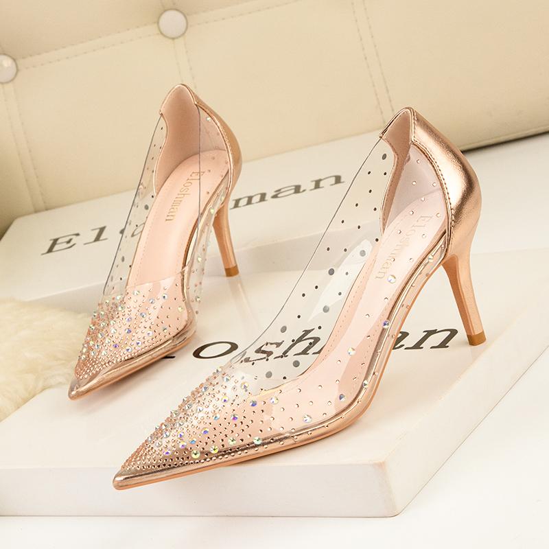 Fashion 2025 Spring New Shallow Mouth High-heeled Shoes Women's Slender Heel Pointed Crystal Pumps Rhinestone Banquet Wedding Shoes