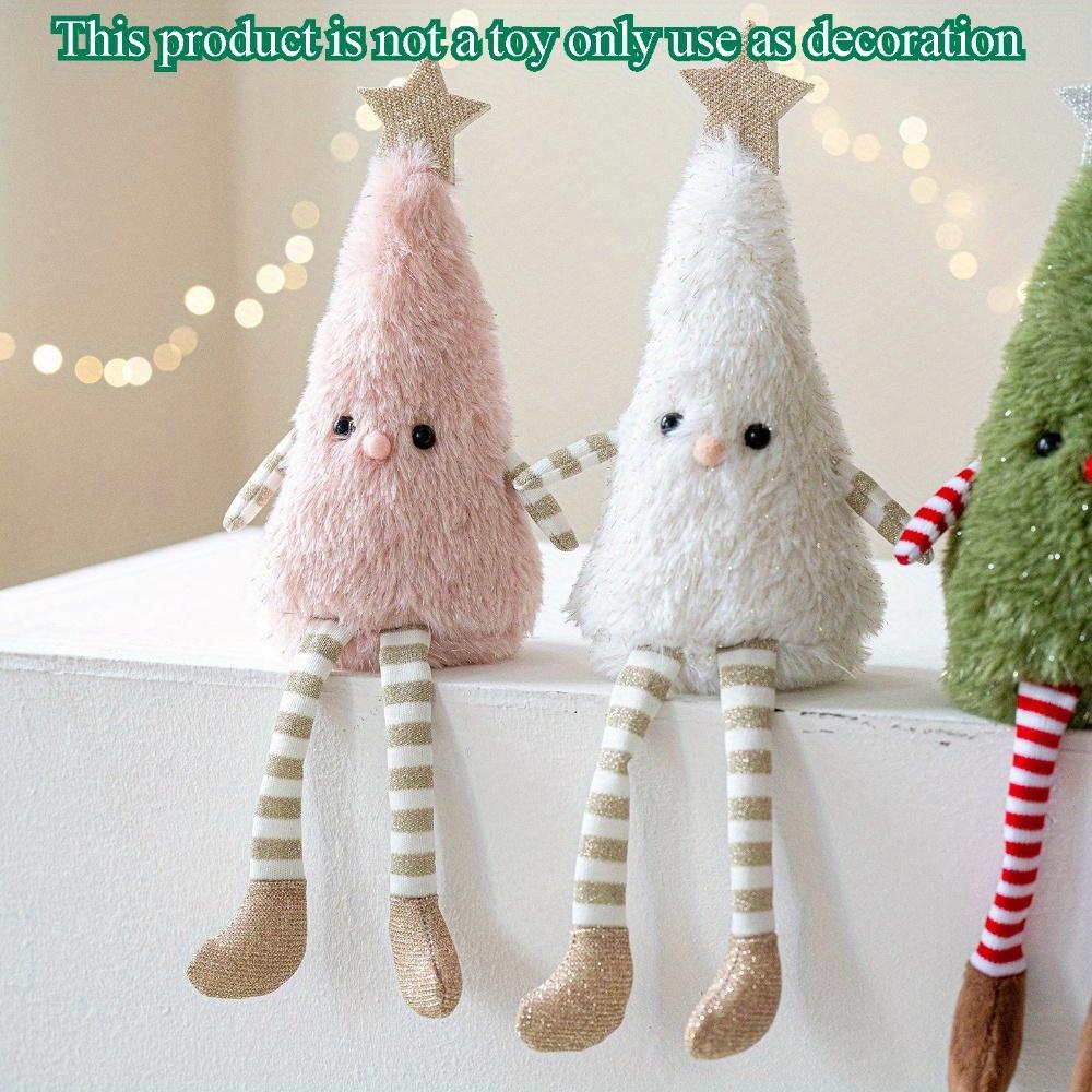 Cute Plush Christmas Tree Figurine Pendant with Stars & Striped Socks Pink,White Green Fabric Holiday Decor for Home Living Room